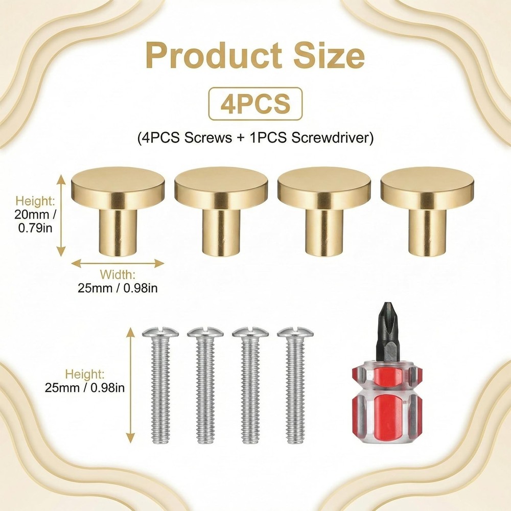 4PCS Gold Cabinet Knobs Round Brass Drawer Pull Handles with Screws Set