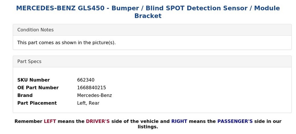 MERCEDES-BENZ GLS450 - Bumper / Blind SPOT Detection Sensor / Module Bracket