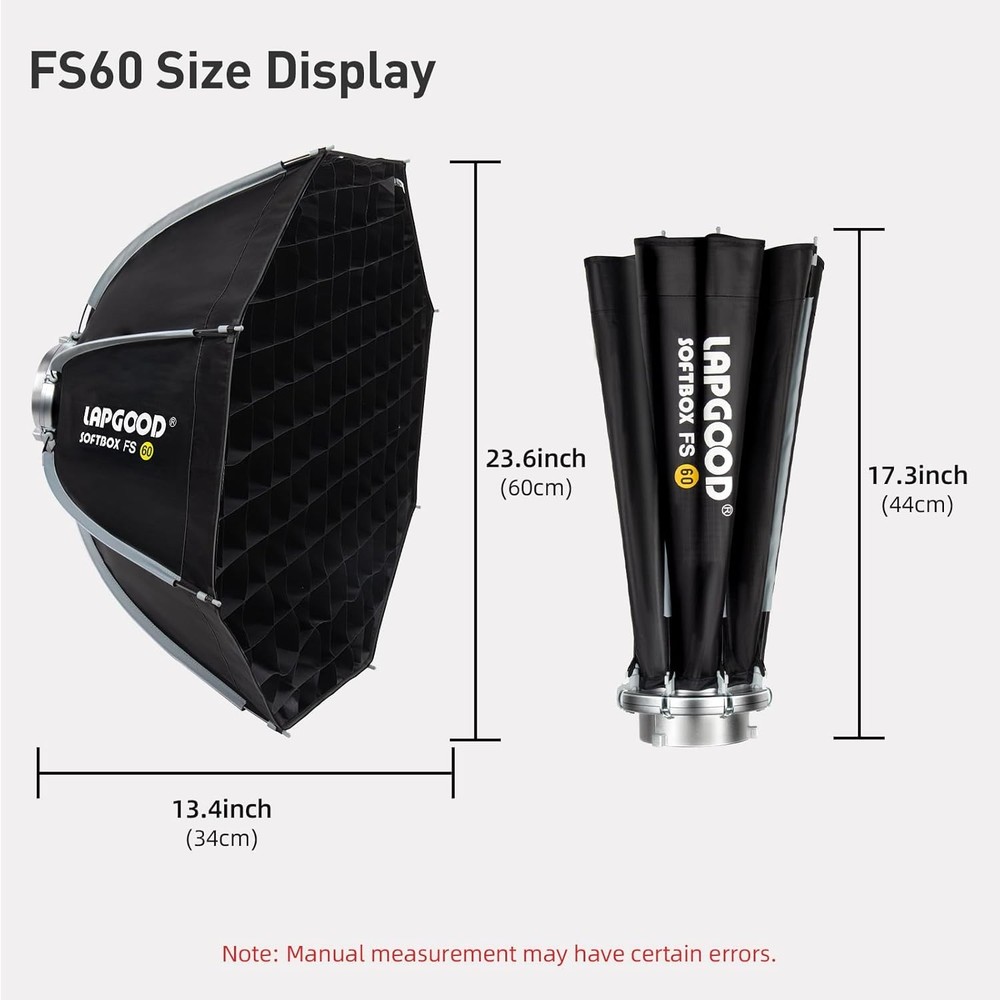 FS60 Softbox 60Cm Softboxes, Quick Release Foldable Softbox with Honeycomb Grid,