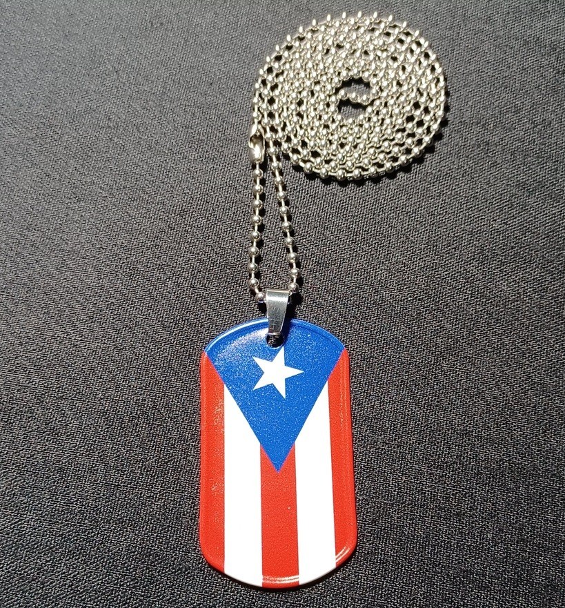 Puerto Rican Flag Dog Tag & 30" Stainless Steel Military Ball Bead Dog Tag Chain