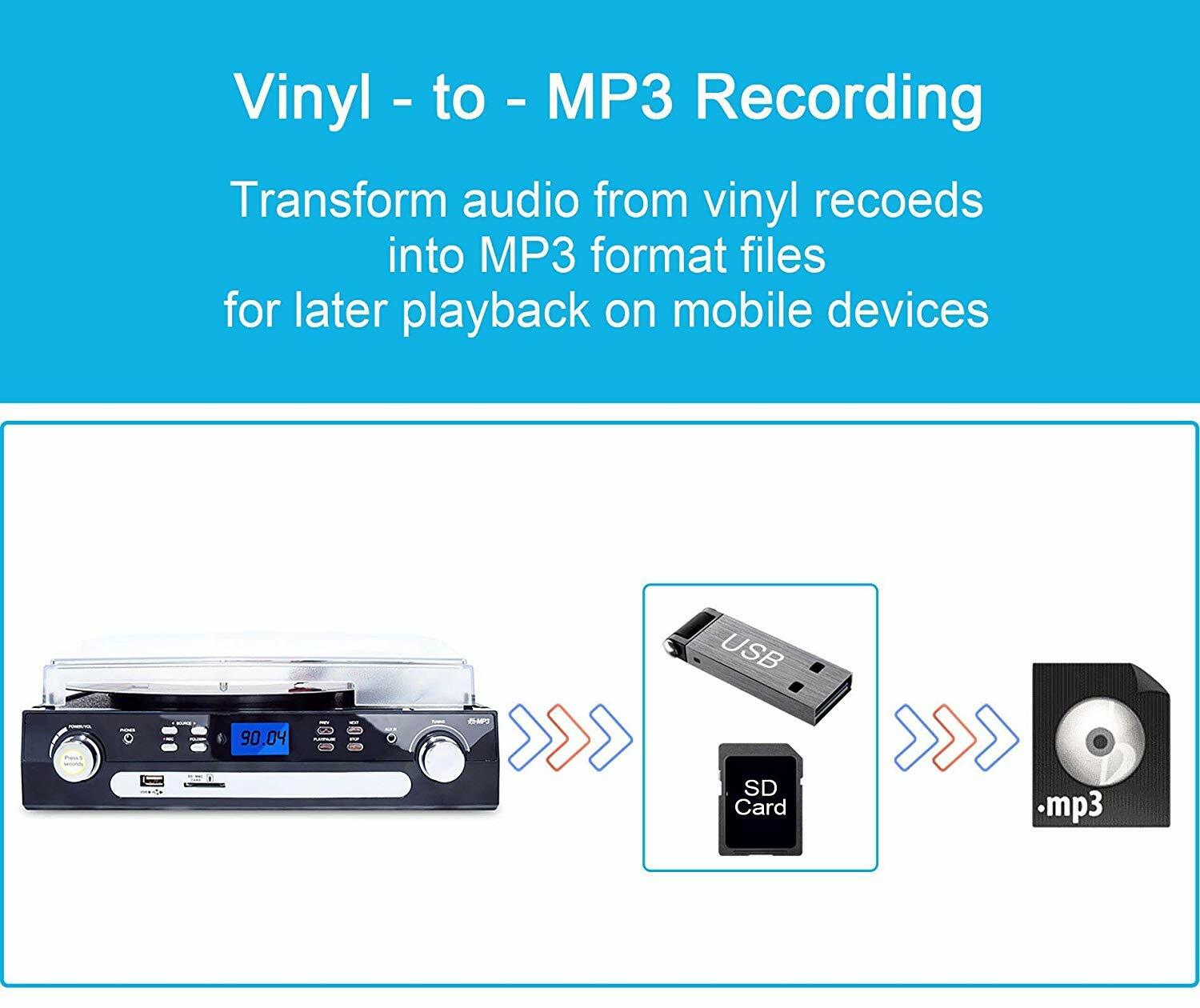 Bluetooth Record Player with Stereo Speakers Turntable for Vinyl to MP3