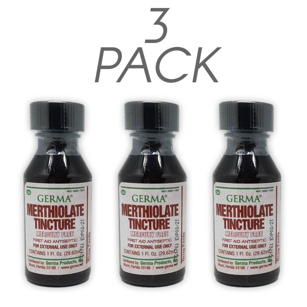 Germa Merthiolate Tincture. Antiseptic for Minor Injuries. 1 Oz. Red. Pack of 3