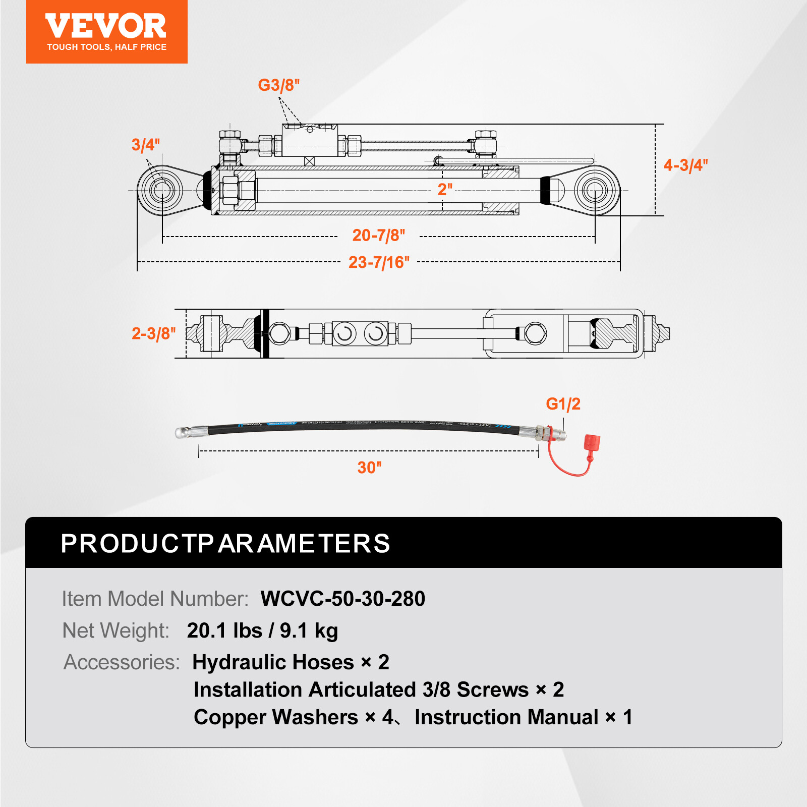 VEVOR Hydraulic Top Link Cat.1-1 (11 in 20-7/8~31-7/8 in) with 2 Hoses