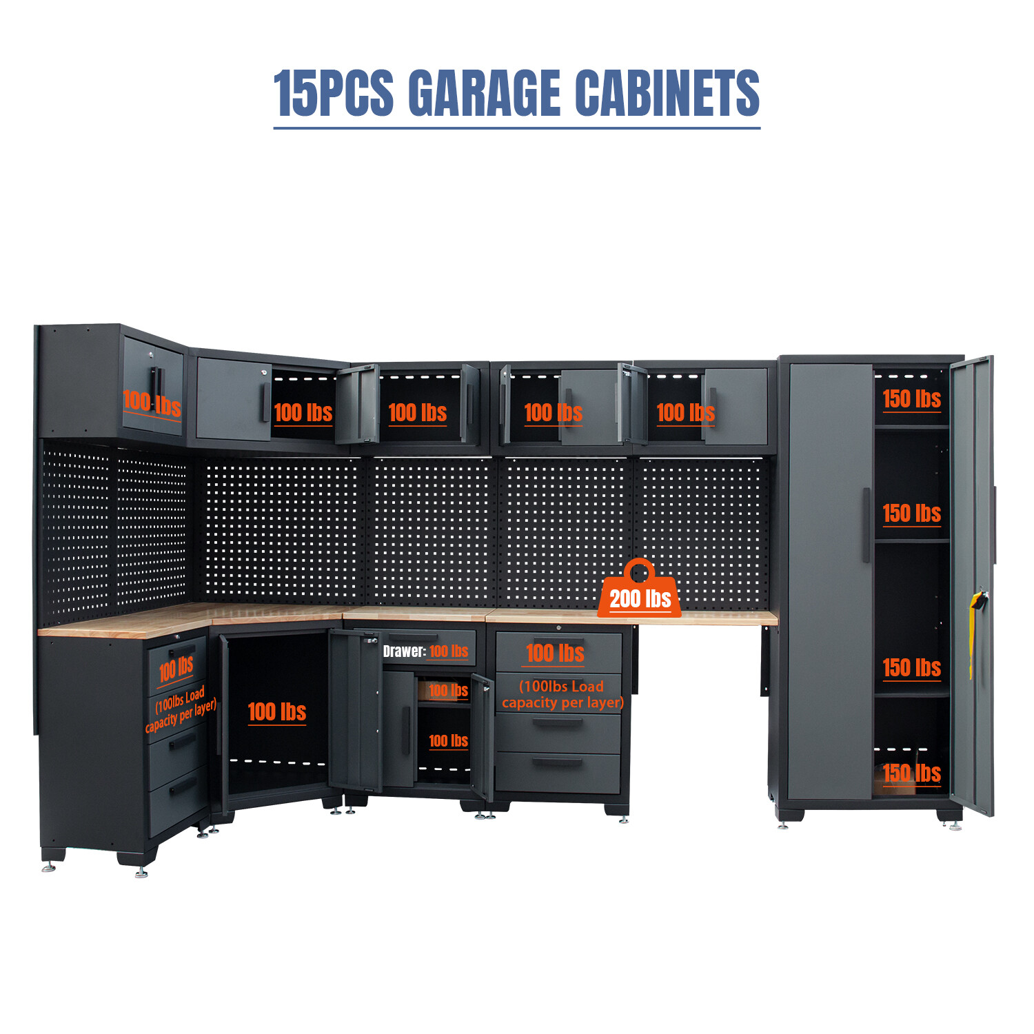 Garage Storage Cabinet 15Pcs Workshop W/Steel Cabinet Drawers Workbench Pegboard