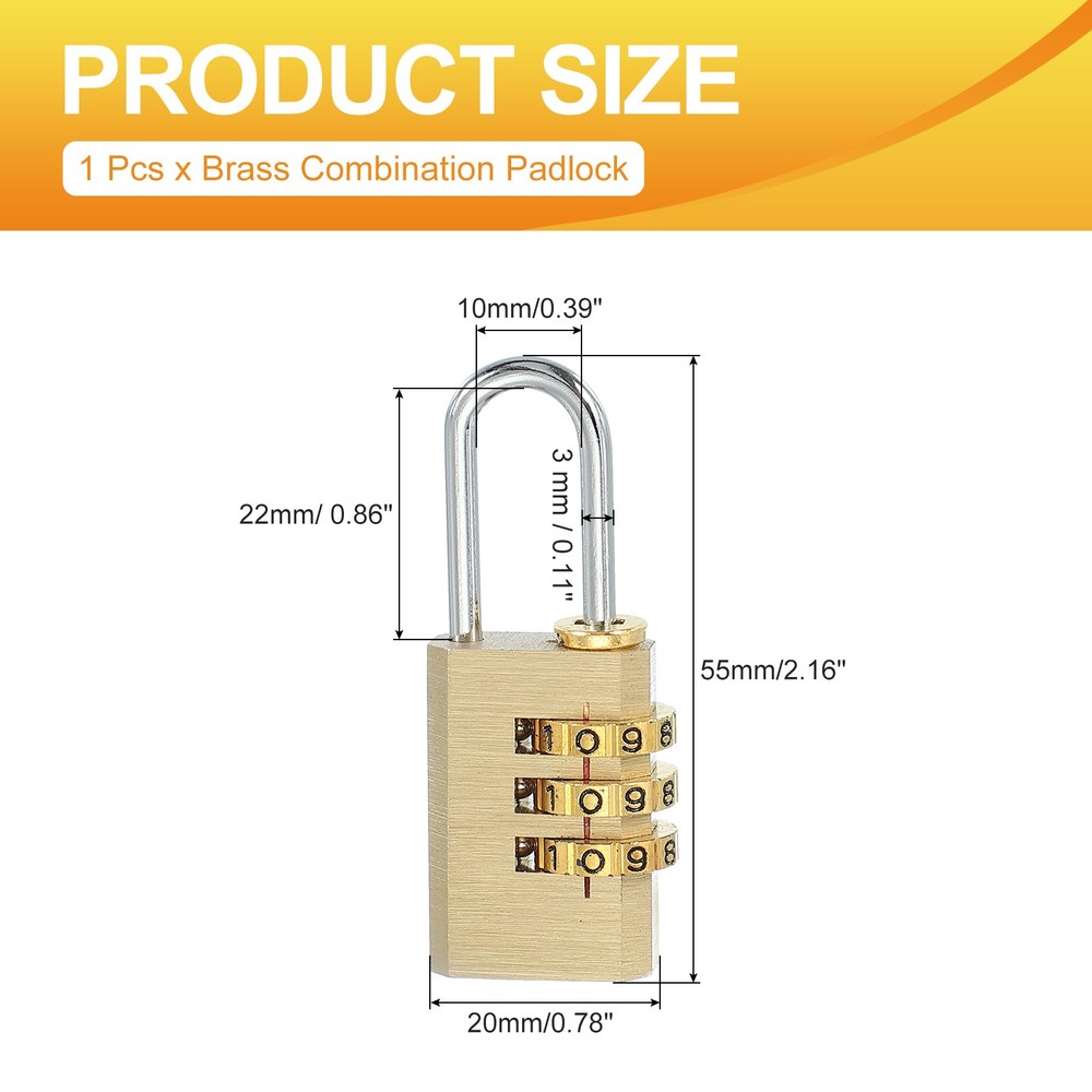 Brass Combination Lock 2.1", 3 Digit Resettable Combination Padlock Gold