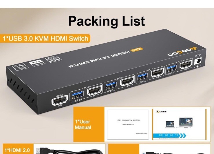 AooCoo 4K Dual HD/USB 3.0 KVM Switch ONLY