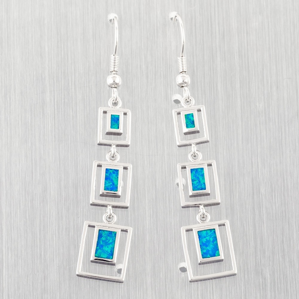 3 Rectangle Shape Ocean Blue Fire Opal Silver Jewelry Dangle Drop Earrings