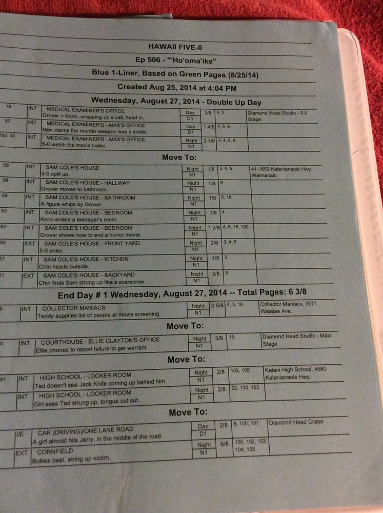 HAWAII FIVE-O ORIGINAL SCRIPT 506 NOTES SCHEDULE + 2014 HO' OMA IKE