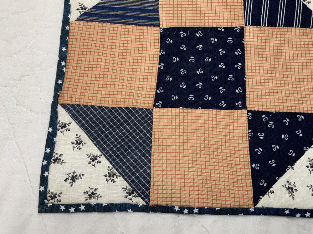 Antique Vintage Patchwork Quilt Table Topper, Nine Patch With Triangles, Navy