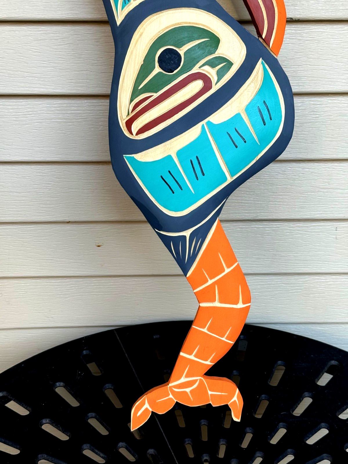 Northwest Coast Native Huge Detailed Yellow Cedar Baby Heron with salmon