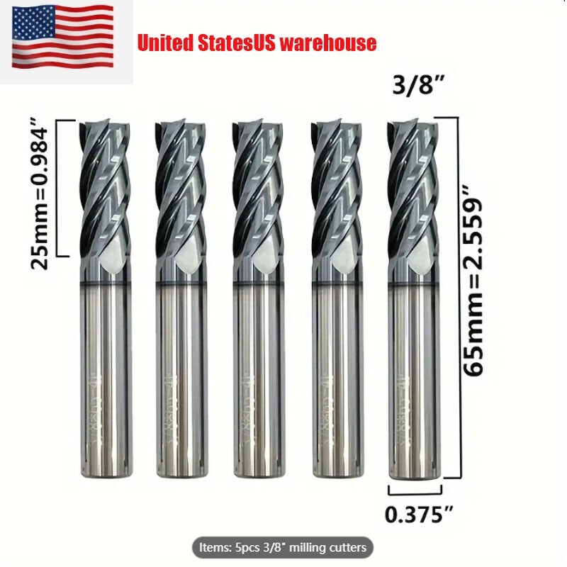 5 PCS 3/8" 4 FLUTE CARBIDE END MILL - REGULAR LENGTH - TiALN COATED USA