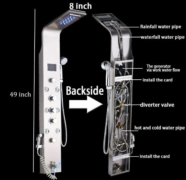 Shower Wall Panel Tower System Brushed Nickel Rainfall Waterfall Massage Jets