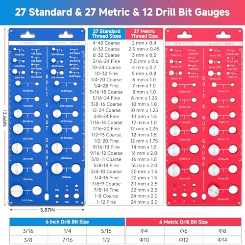 66 Nut and Bolt Thread Checker, Bolt Size and Thread Gauge with 27 Standard &