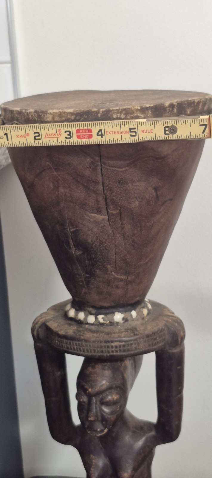 African Luba Female Wood Statue With Drum 21"H 7.5"W