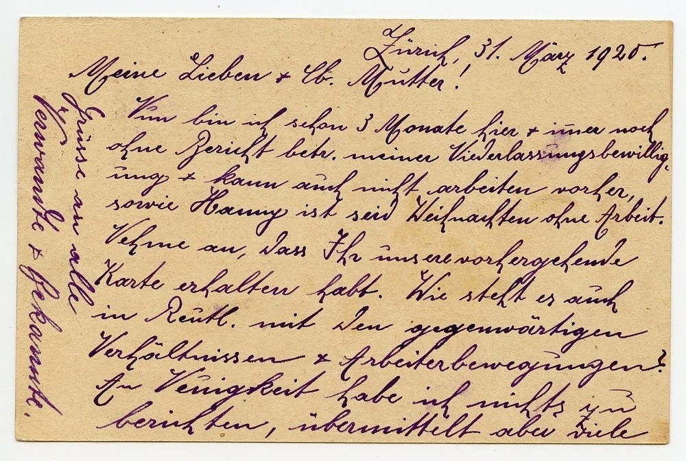 SWITZERLAND 1920 Postal Card from ZURICH