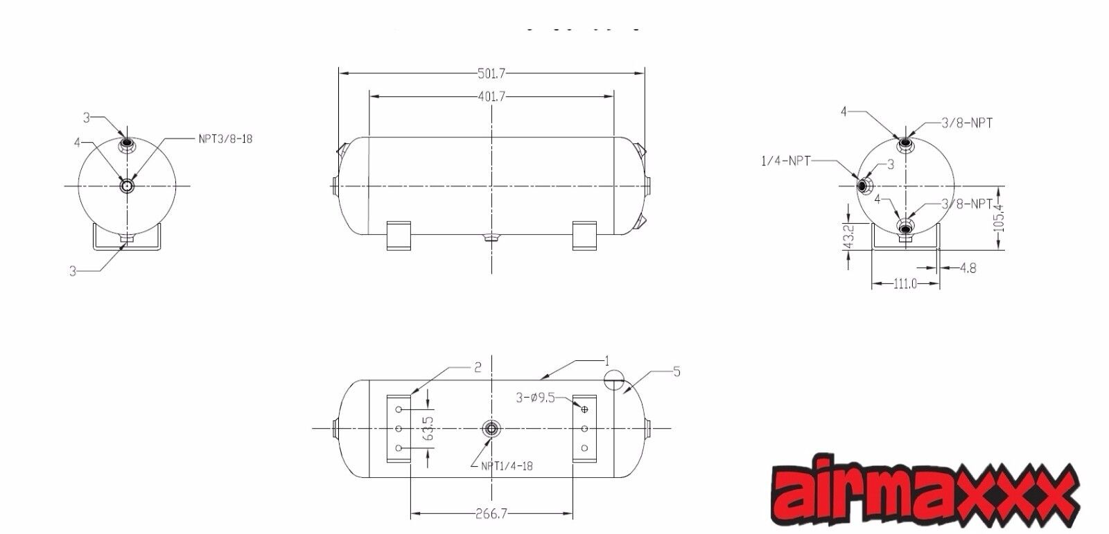 airmaxxx 3 Gallon 6 Port Steel Air Tank Air Suspension Train Horn Compressor