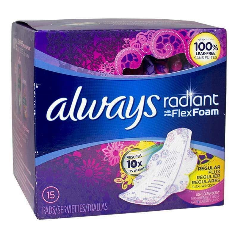 Always Radiant with FlexFoam Pads Regular Absorbency Light Clean Scent 15 Count