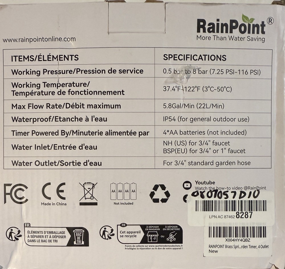 RAINPOINT Sprinkler Timer, 4 Outlets Hose Timers, 4 Zone Water Timer,brass conne