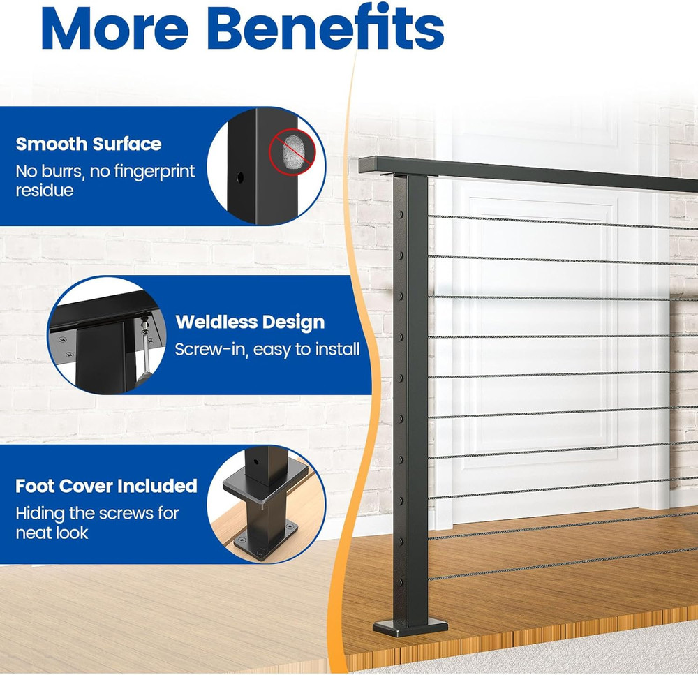 Black Cable Railing Post 36 Inch 36"X2"X2" Level Drilled Surface Mount T304 Stai