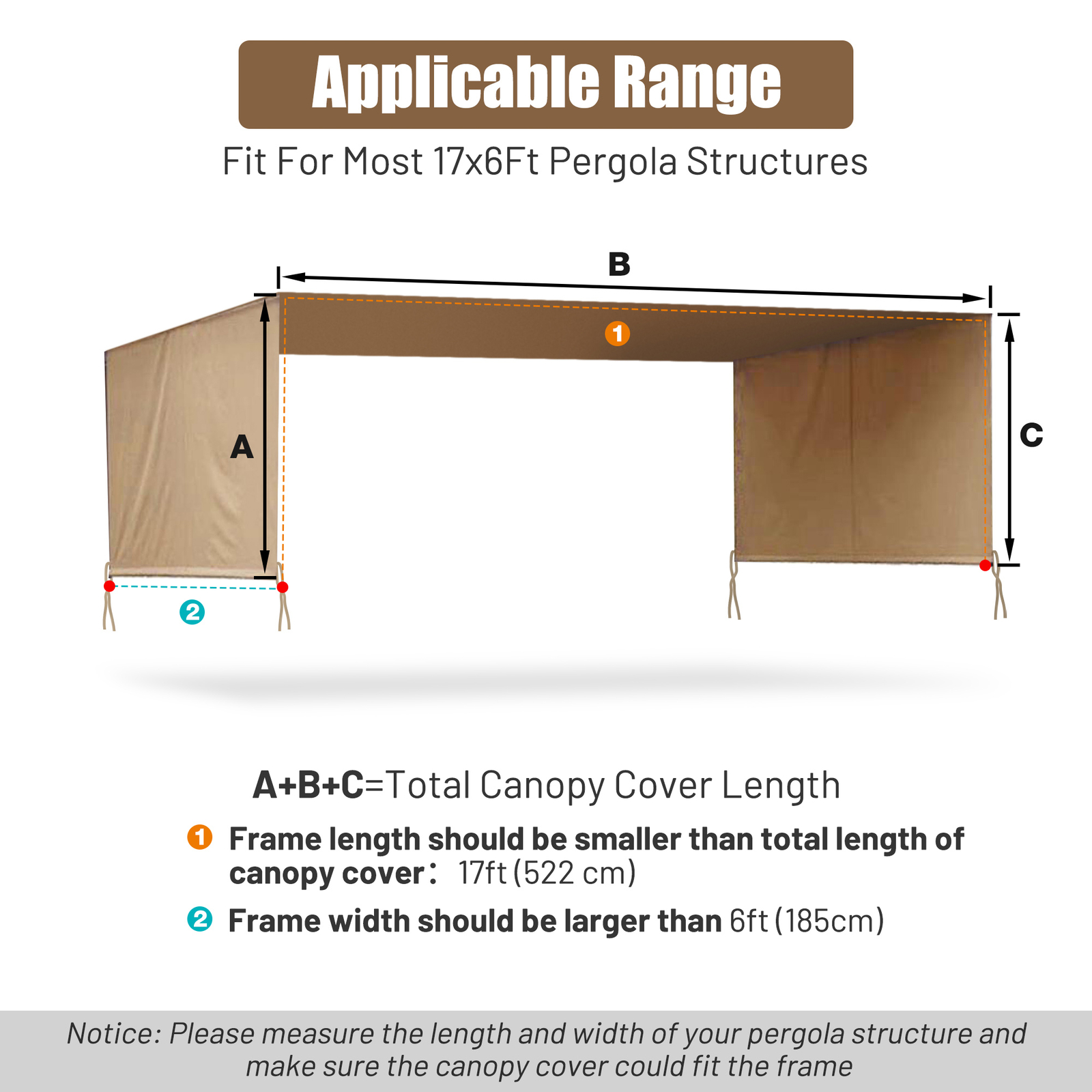 17x6.5Ft Pergola Canopy Replacement Cover Outdoor Yard Patio Tan 200g UV30+