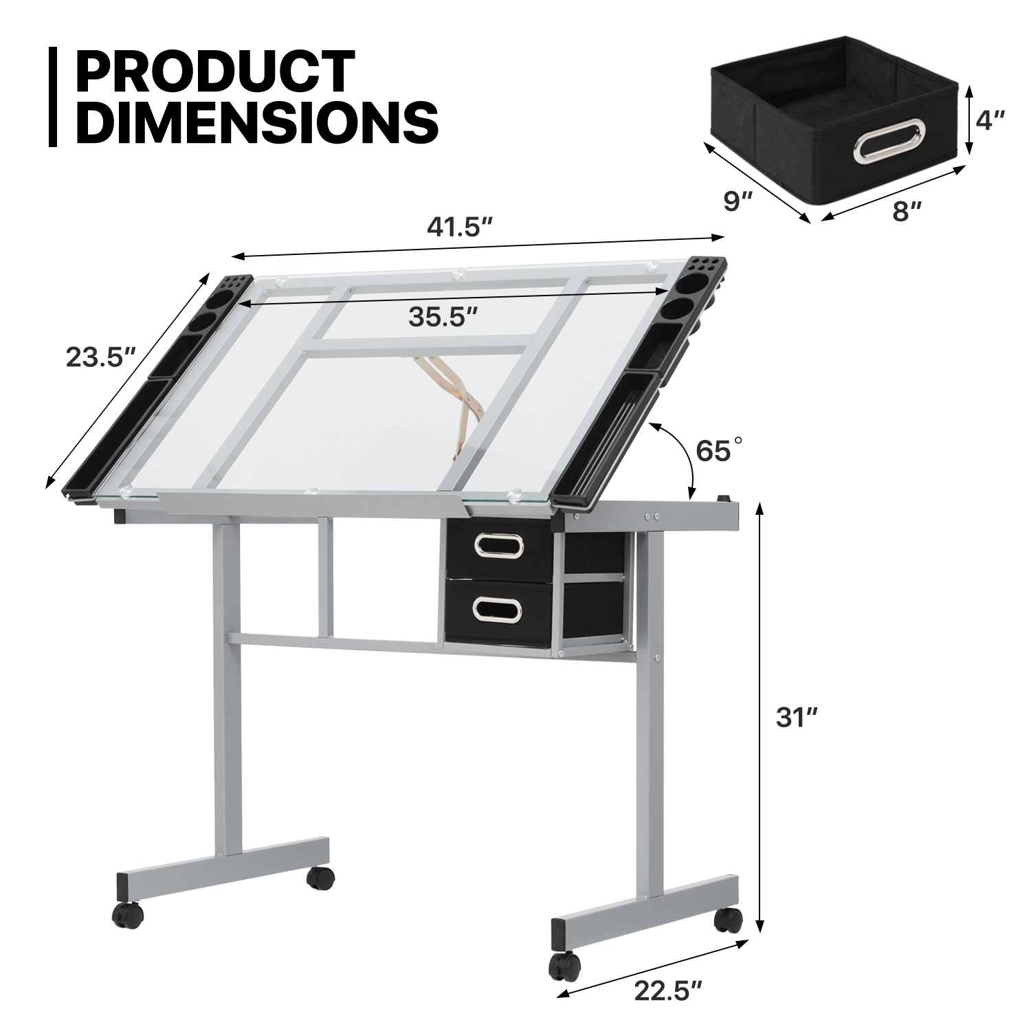 Adjustable Rolling Drafting Table Tempered Glass Tabletop Painting Work Station