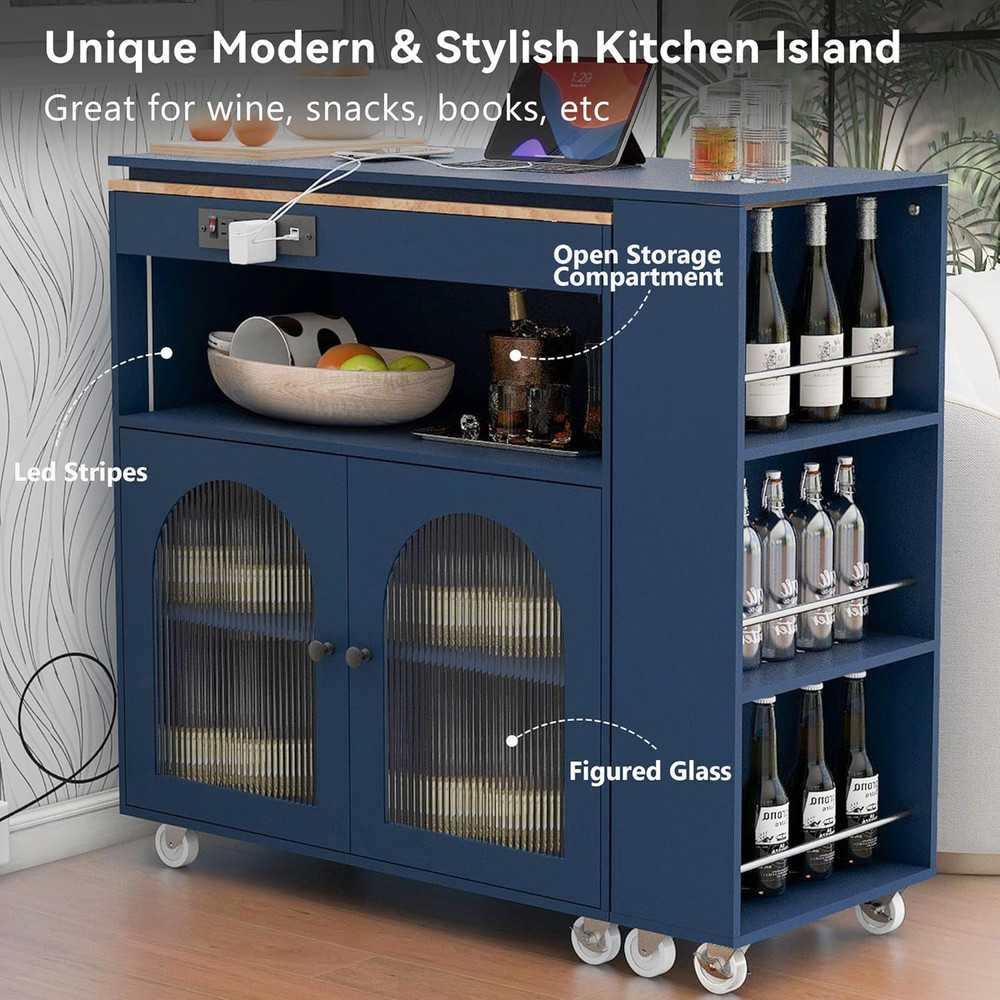 Navy Blue Rolling Kitchen Island with Extendable Table & Power Outlets