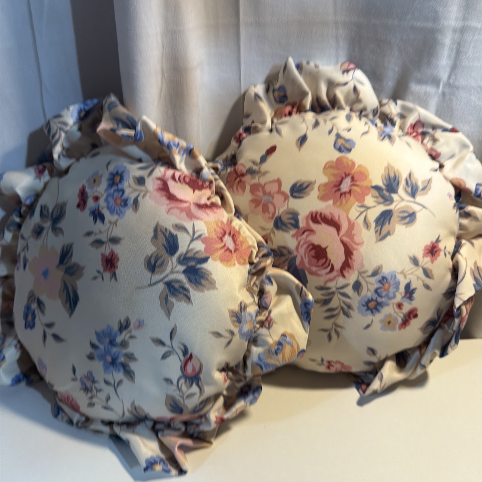 Pair Of Vintage Round Pillows Cream With Garden Rose Print Ruffle Circle Pillow