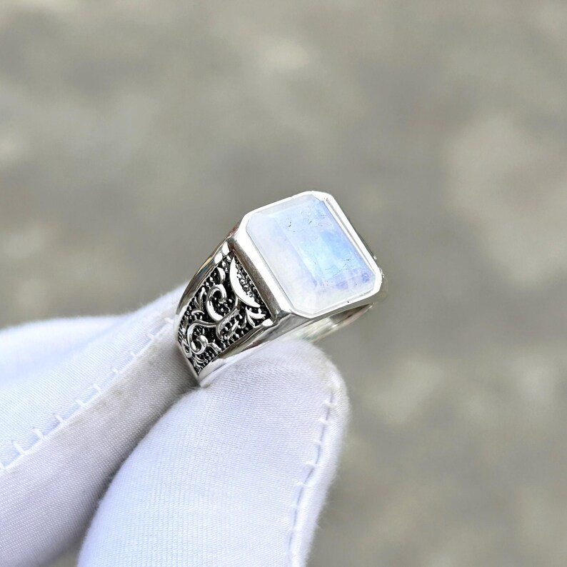 Rainbow Moonstone Ring Mens Solid 925 Silver Handmade Statement Ring