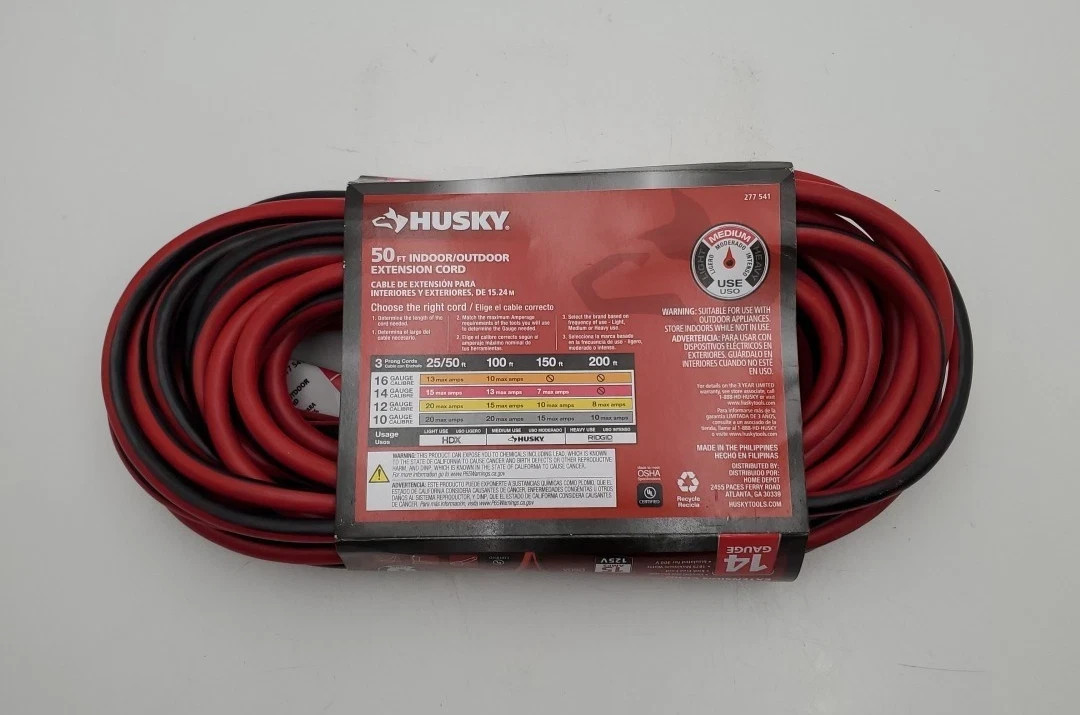 (2 Pack Husky) 50 ft. 14 Gauge Medium Duty Indoor/Outdoor Extension Cord 277541