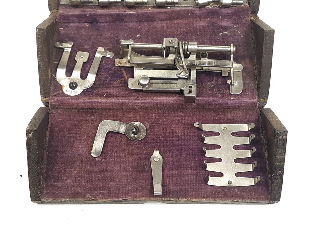 1889 Singer Sewing Machine Oak Folding Box with Some Attachments