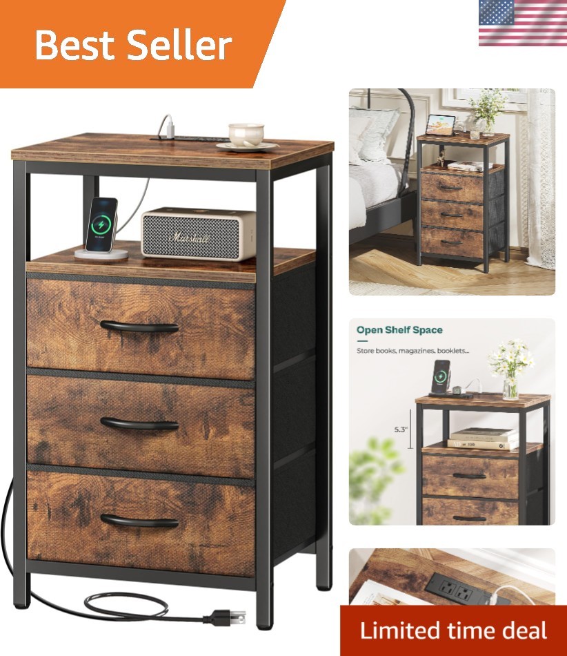 Stylish Bedside Table with Charging Outlet & Ample Storage - Rustic Brown Finish