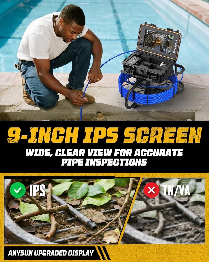 Sewer Camera 9'' IPS Screen 100ft 7mm Cable Drain Pipe Inspection Camera 5100mAh
