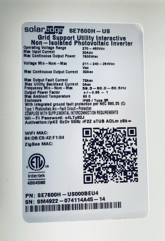 SOLAREDGE SE7600H-US000BEU4 Single Phase Non-Isolates string Grid-Tie Inverter