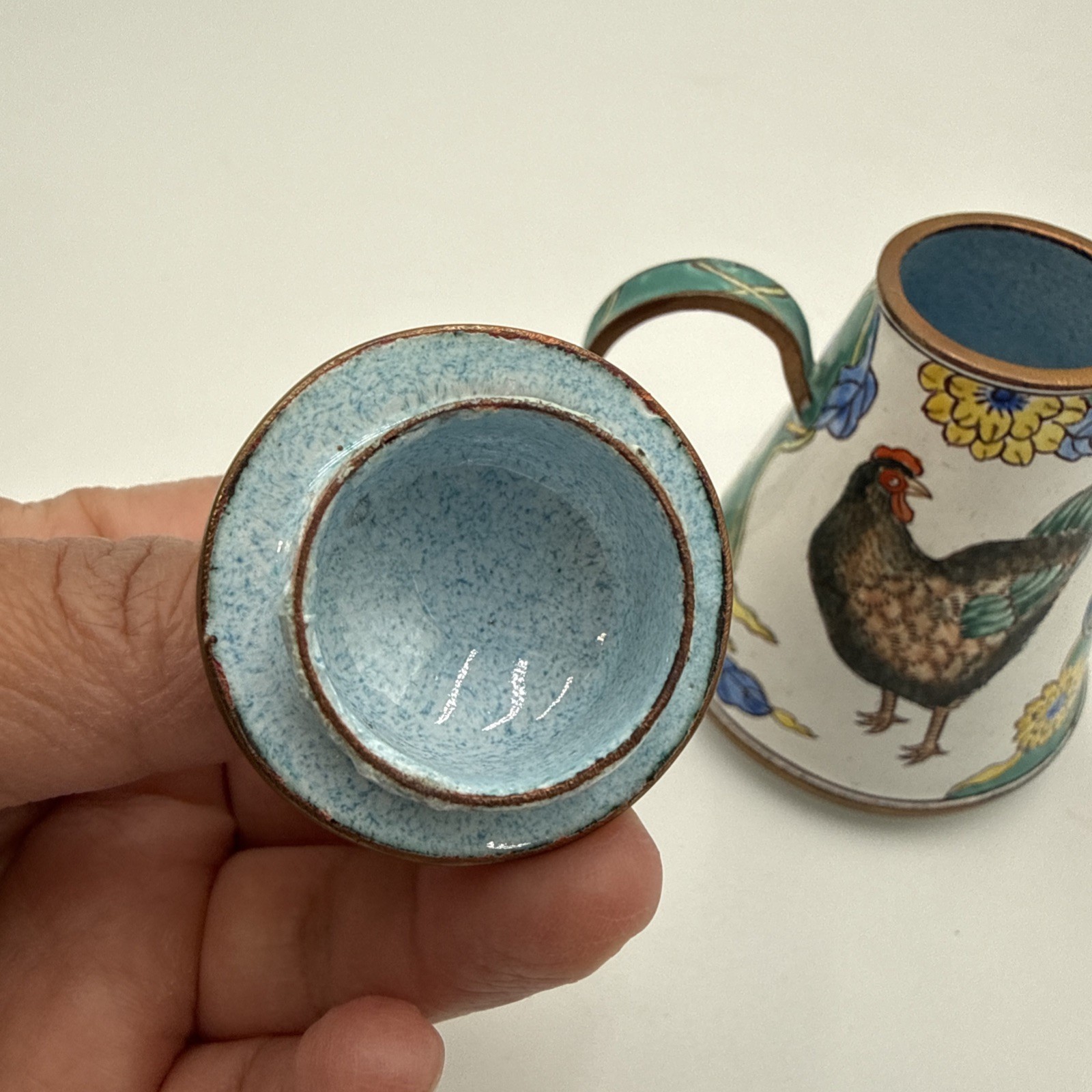 KELVIN CHEN Miniature Teapot 2000 Enameled Copper Rooster Chicken Florals #1852