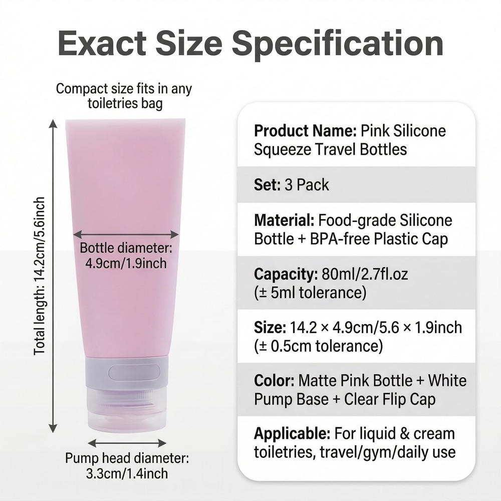 ‌3Pcs 80ml/2.7oz Pink Empty Refillable Silicone Squeeze Tubes with Transparen...
