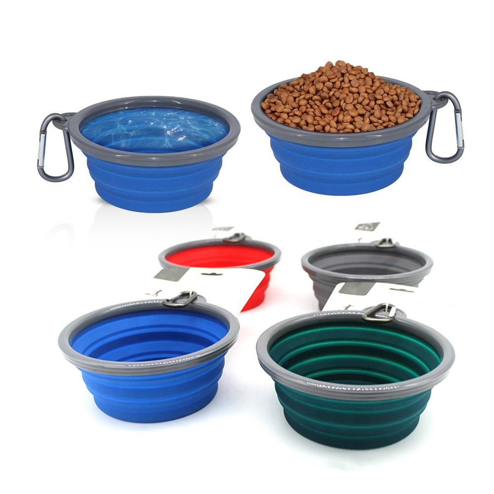 Silicone Basic Bowl with Plastic Rim and D-Ring,Foldable Travel pet Feeder 34oz