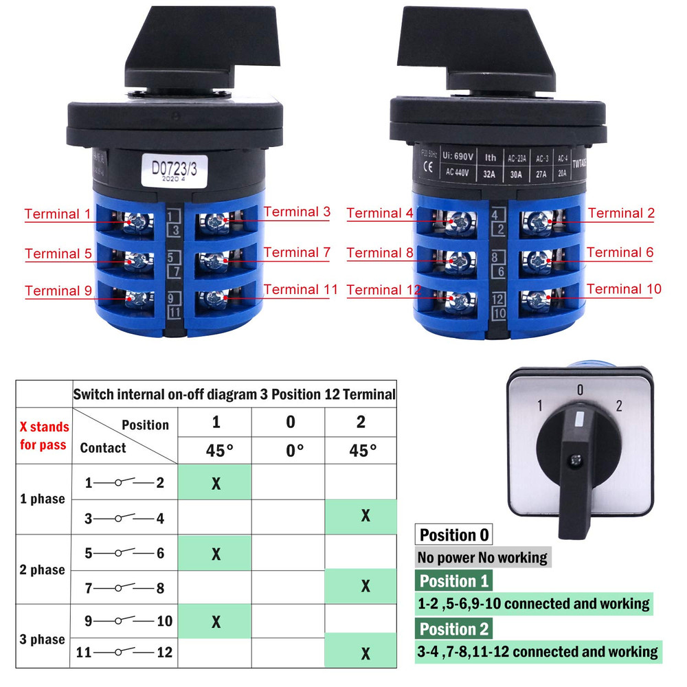 Universal Changeover Switch 32A 690V 3 Position 12 Terminals Latching Rotary ...