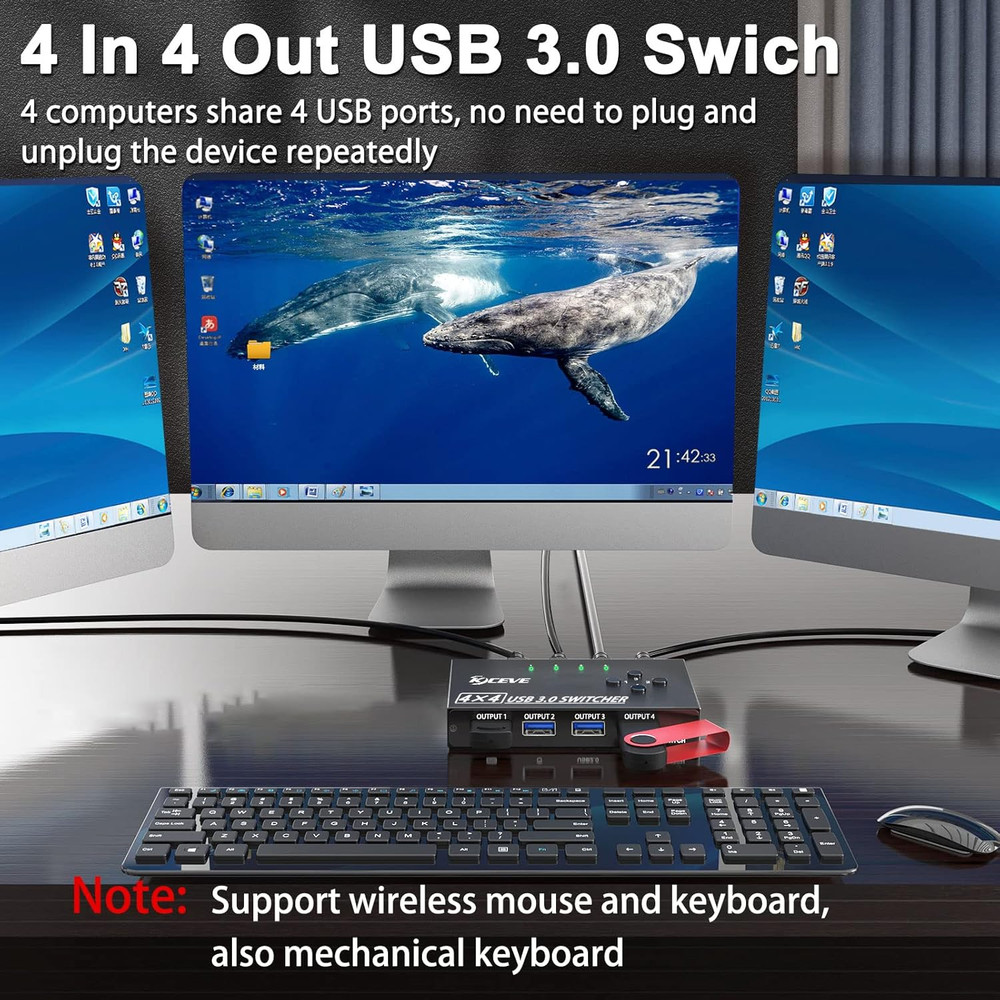 USB 3.0 Switch Selector 4 Port, KVM Switcher 4 Computers Sharing 4 USB Devices,U