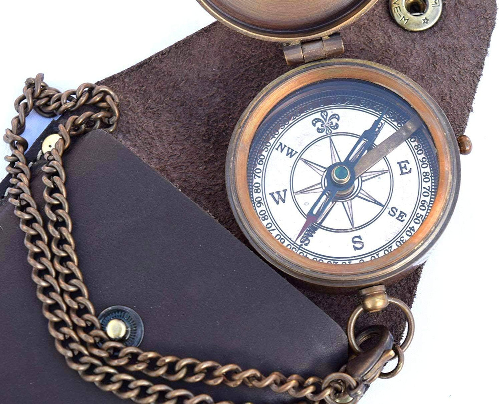 Engravable Compass Nautical Pocket Brass Compass with Leather Carry Case Pirates