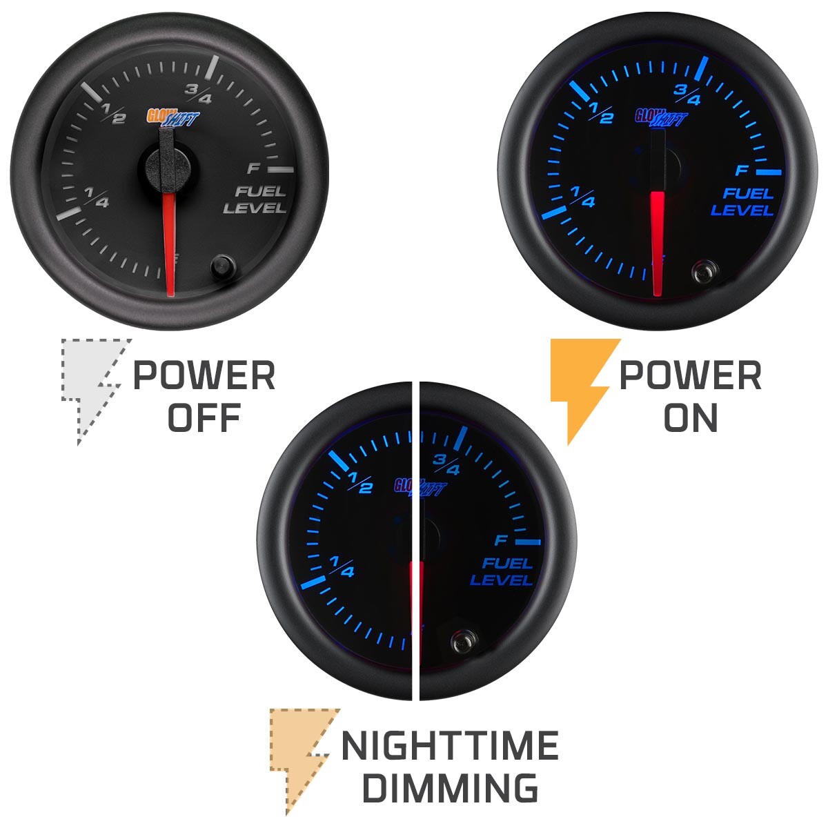 GlowShift 52mm Black 7 Color LED Adjustable Fuel Level Gauge