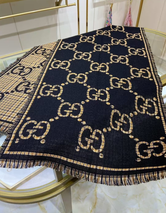 SCARF GUCCI SCARF SHAWL AUTHENTIC 100% CASHMERE BLACK BEIGE CLASSIC LOGO