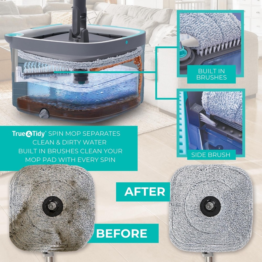 True Clean Spin Mop & Bucket System – Dual Compartment Design for Clean & Dir...