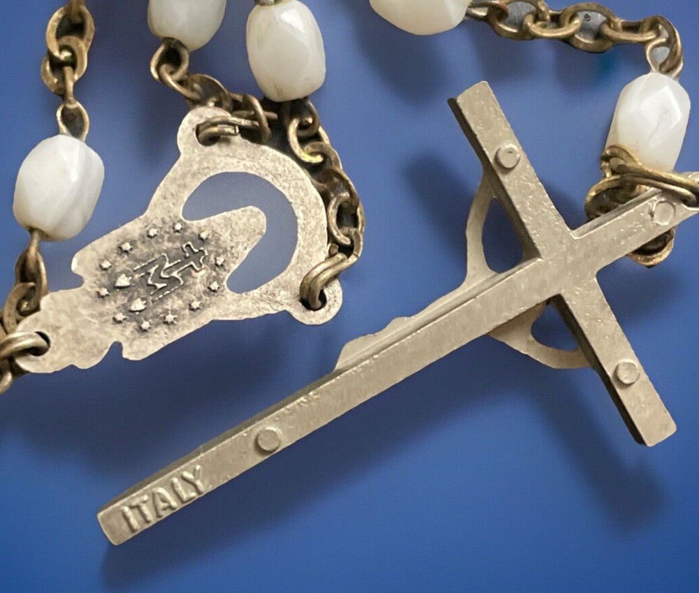 Vintage Catholic White Milk Glass Rosary, Silver Tone Crucifix