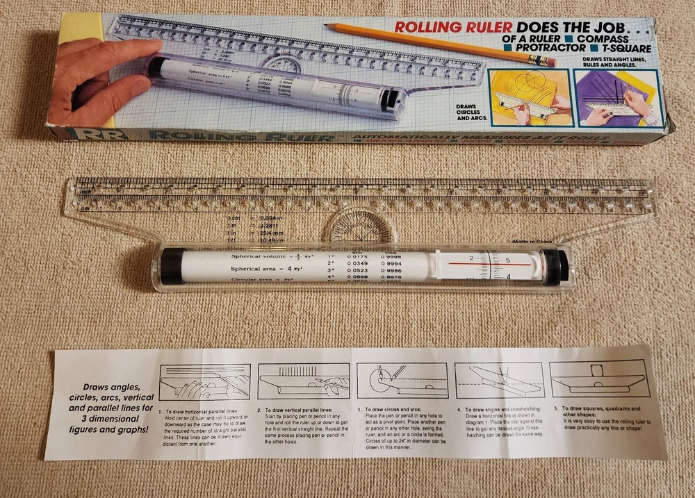 Vintage 12" Rolling Ruler Multi Functional Drawing Instrument in Box JSNY 8936