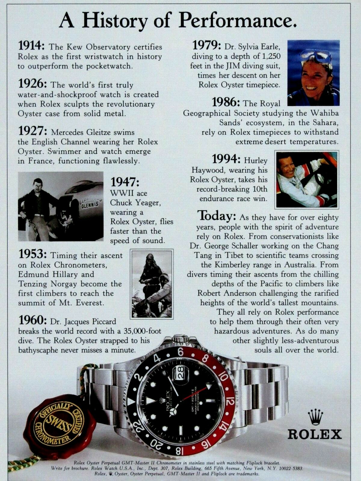 1996 Rolex Chuck Yeagar Hurley Haywood Vintage Original Print Ad 8.5 x 11"