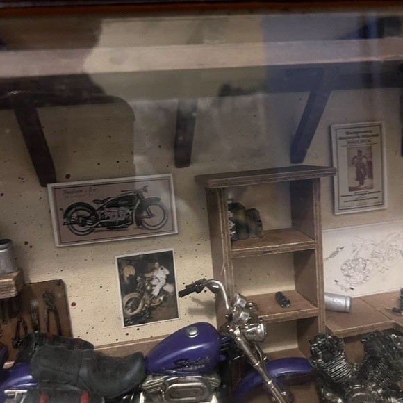 Vintage Motorcycle Garage Shop Diorama Shadow Box.