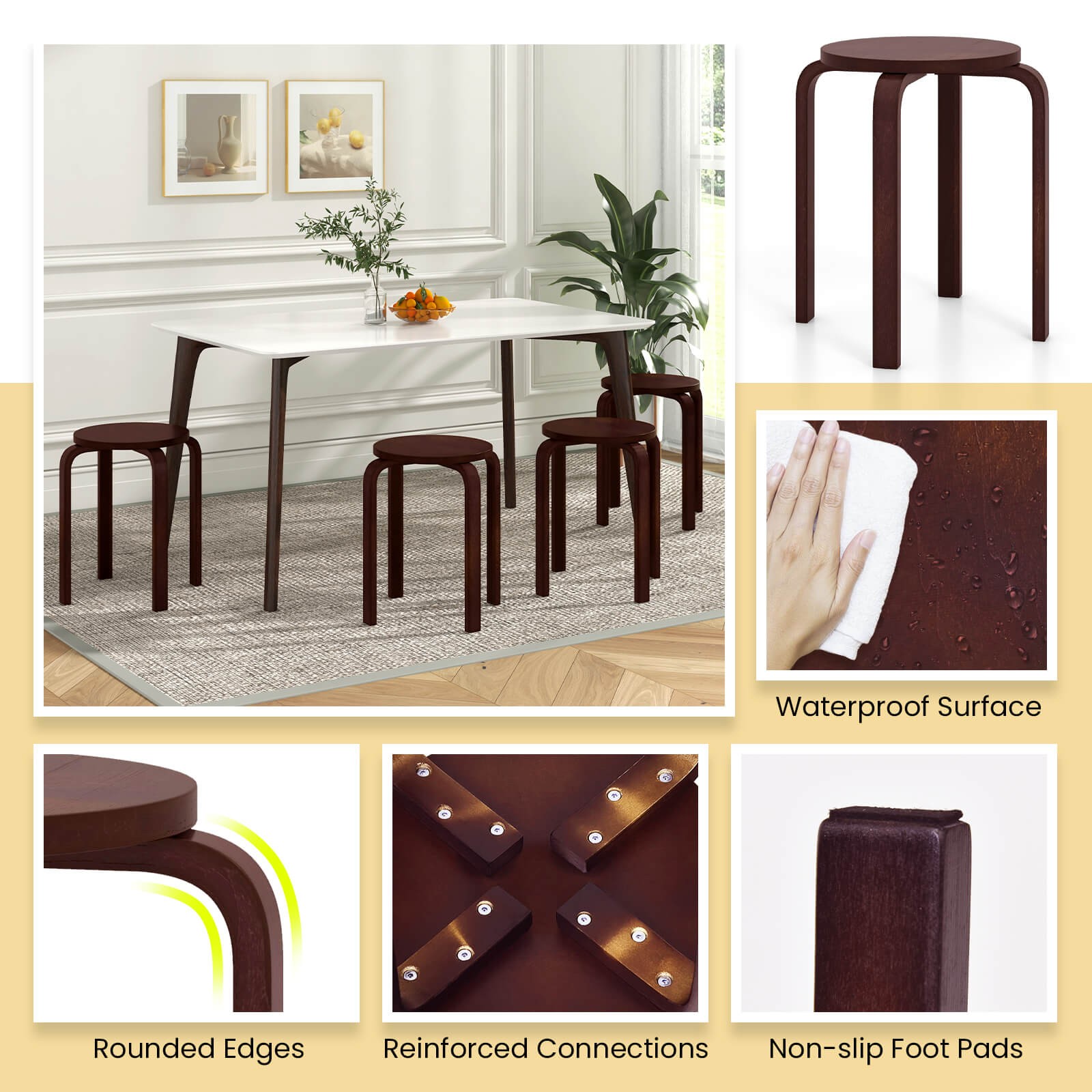 Set of 4 18" Stacking Stool Round Dining Chair Backless Wood Home Decor Brown