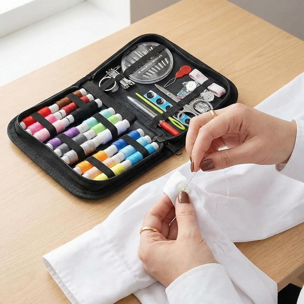 Complete Sewing Kits+Embroidery Stitch Guide Book Needles Scissors Buttons Pins