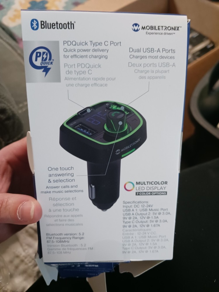 Mobiletronix Wireless FM Transmitter & Car Charger. Bluetooth. New, Open Box