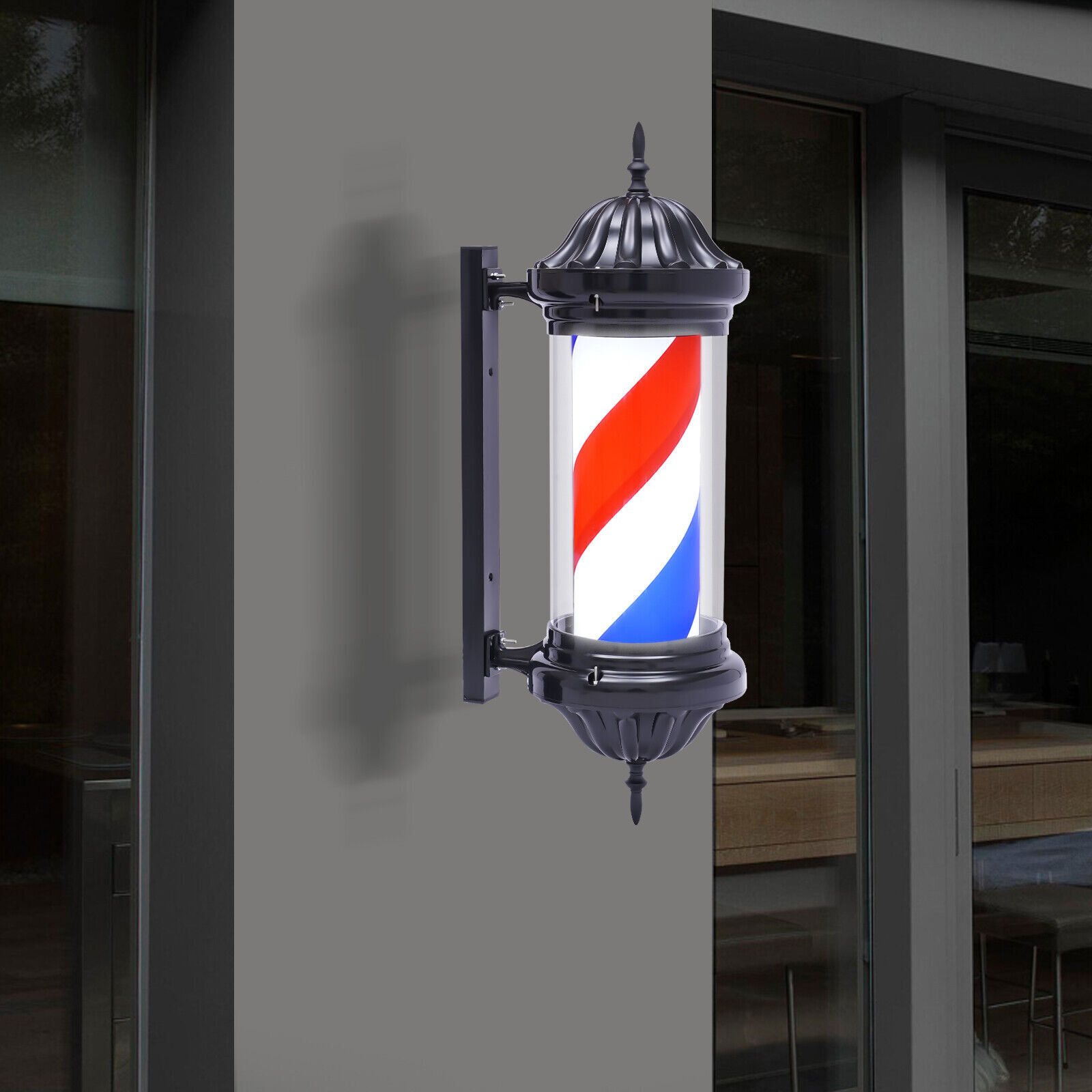 Barber Pole LED Light Red White Blue Rotating Stripes Metal Hair Salon Shop Sign